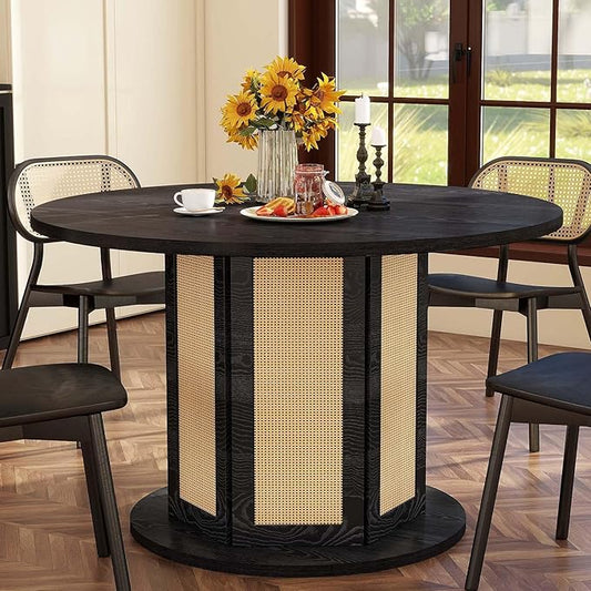 YITAHOME Round Dining Table for 4-6 People 47 Inch Circle Dining Table with Wooden Rattan Base Modern Farmhouse Kitchen Table Round for Dining Room Kitchen Apartment, Black