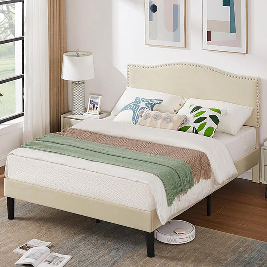 VECELO Full Bed Frame, Platform Bed Frame with Adjustable Height Upholstered Headboard, Heavy-Duty Frame and Strong Wooden Slats Support, Non-Slip and Noise-Free, Easy Assembly, Beige