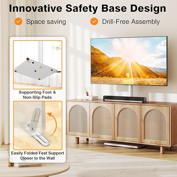 TVON Floor TV Stand with Mount for Most 32-60 Inch TVs up to 88lbs, Height Adjustable TV Floor Stand with Wood Base for Space Saving, Tall Floor TV Stand for Bedroom, Corner & Living Room, White