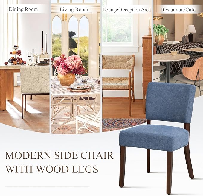 COLAMY Mid Century Modern Dining Chairs Set of 4, Upholstered Kitchen Chairs with Back, Farmhouse Fabric Side Dining Room Chairs with Wood Legs for Dining Room Kitchen Restaurant, Blue