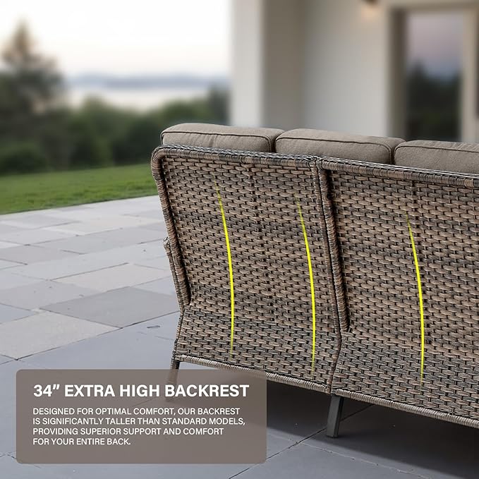 Belord Outdoor Furniture Set - 6 Pieces Patio Conversation Sectional Sofa Set with Patio Rocking Chairs Set of 2 and Wicker Coffee Table for Deck Backyard Sunroom Brown