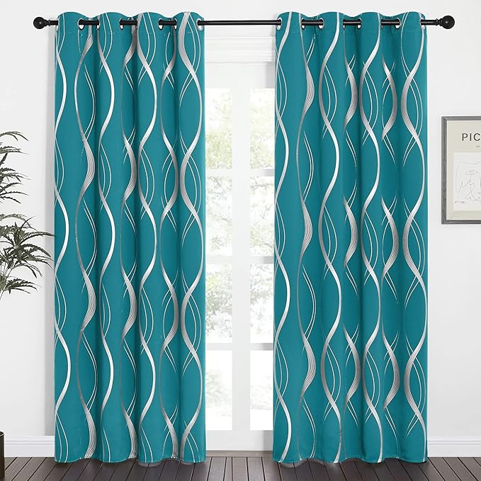 NICETOWN Room Darkening Curtains for Bedroom, Peacock Teal, 2 Panels, 52 x 84 inch, Noise Reducing Thermal Insulated Wave Line Foil Print Design Blackout Curtains for Storage Office Work Area