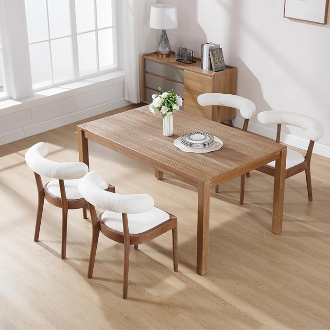 Kmax Dining Room Chairs Mid-Century Modern Sherpa Kitchen Chairs with Natural Walnut Finished Frame, Fur Curved Back, Set of 4, White
