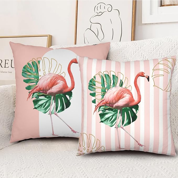 Flamingo Throw Pillow Covers 24x24 Inch Set of 2 Spring Summer Tropical Green Leaf Pink Bird Pillow Cases Modern Abstract Arch Pink Vertical Stripe Cushion Cover for Living Room Couch Sofa