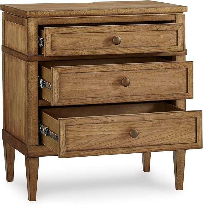 Signature Design by Ashley Sharlance Casual 3-Drawer Nightstand with Felt-Lined Top Drawer, Power Supply and USB Ports for Bedroom, Light Brown