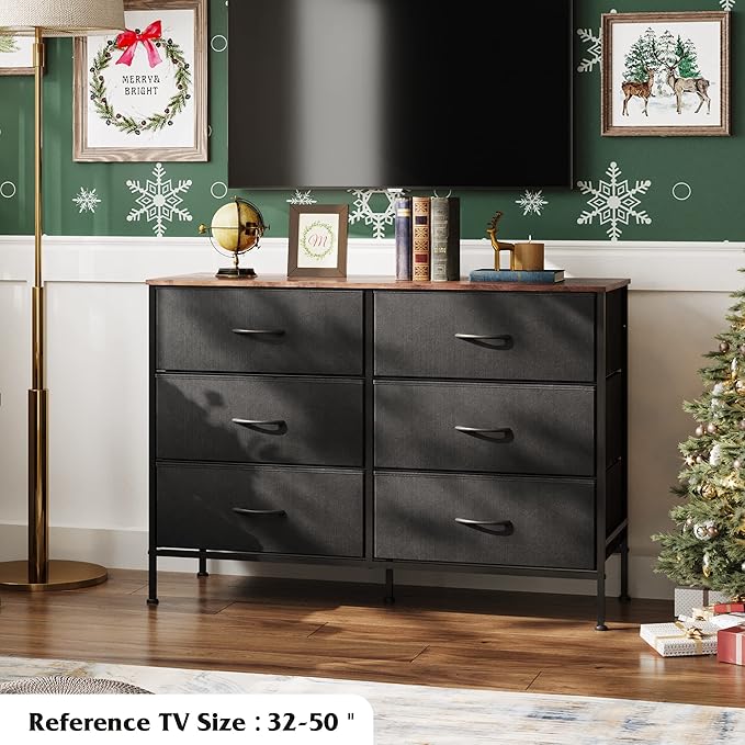 WLIVE Black Dresser for Bedroom with 6 Drawers, TV Stand for 50 Inches TV, Wide Dresser with Metal Frame, Wooden Top, Fabric Dresser for Closet, Hallway, Entryway, Black and Rustic Brown