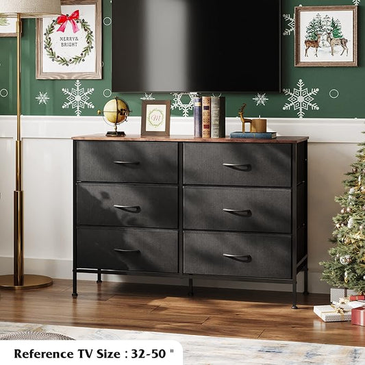 WLIVE Black Dresser for Bedroom with 6 Drawers, TV Stand for 50 Inches TV, Wide Dresser with Metal Frame, Wooden Top, Fabric Dresser for Closet, Hallway, Entryway, Black and Rustic Brown