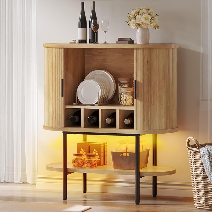 YITAHOME Sideboard Buffet Cabinet with LED Light, Fluted Storage Cabient with Sliding Door, Wine Rack and Glass Holders, Home Coffee Bar Cabinet with Storage for Kitchen, Living Room, Natural Oak