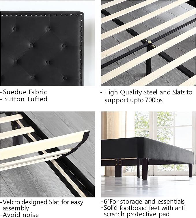King Upholstered Platform Bed Frame with 48" Tall Adjustable Headboard - Button Tufted Suede Velour Bed- Wood Slat Support with Storage Space- No Box Spring Needed - Black - OLIVER & SMITH - Princeton