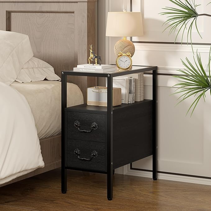 VECELO Narrow Side Table Set of 2, Night Stand Sofa Table with Glass Top,Bedside End Tables with Storage Drawers,Wood Nightstand for Small Spaces Living Room Bedroom,Black