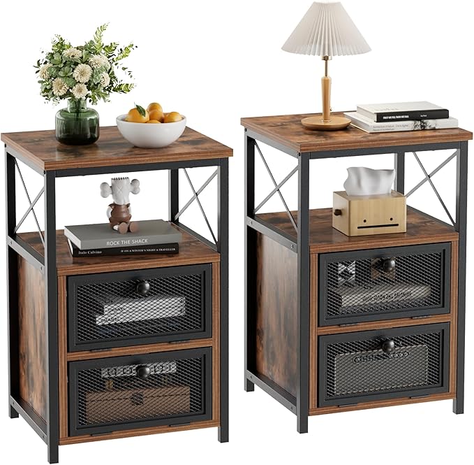 VECELO End Side Table, Modern Night Stand with Storage Space and Door, Set of 2 Nightstands for Living Room,Bedroom,Lounge, Brown
