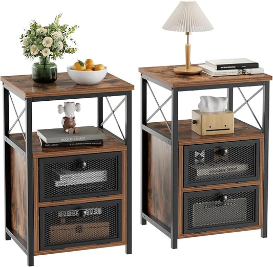 VECELO End Side Table, Modern Night Stand with Storage Space and Door, Set of 2 Nightstands for Living Room,Bedroom,Lounge, Brown