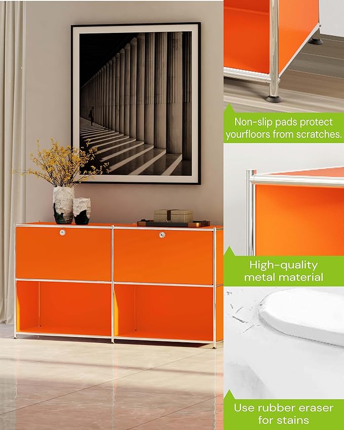 Metal Sideboard with 2 Flap Doors, DIY Modern Home Furnishing,Perfect for Home, Office, Kitchen, Hallway,Foyer Organization(Matt Orange)