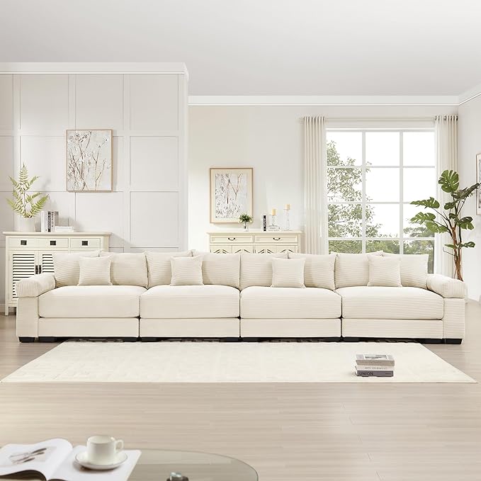 KEIKI 168" Oversized Corduroy Modular Cloud Sectional Sofa with High-Density Foam Cushions, Extra-Thick Armrest, Upholstered Modern 4-Seater Fluffy Corner Couch with 12 Pillow, for Living Room, Beige