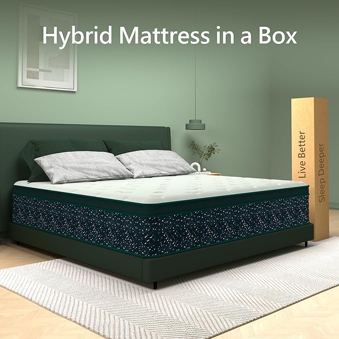 14 inch Queen Mattress,Hybrid Mattress in a Box,Queen Size Gel Memory Foam Mattress Individually Pocket Springs Pressure Relief & Motion Isolation CertiPUR-US Certified,Green