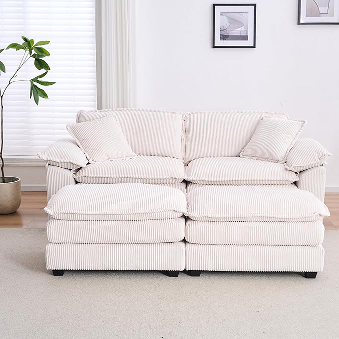 Modular Loveseat Sectional Sofa, 84.6" Corduroy Comfy Sectional Couches for Living Room, 3-Seater Cloud Couches with Movable Ottomans, Flexible Combination Modern Deep Seat Sofa | Thickness Cushions, Solid Wood Frame, Pillow-top Armrest