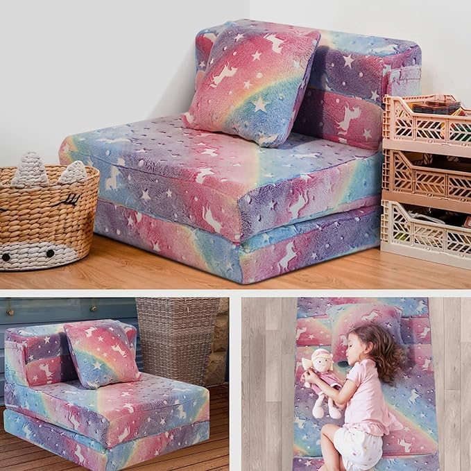 MeMoreCool Glow Rainbow Unicorn Tri-fold Sofa Bed for Kids, Foldable Futon Mattress, Chair, and Floor Couch for Playroom