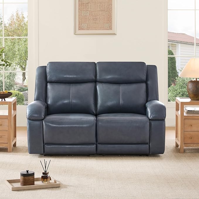 Watson & Whitely Genuine Leather Power Loveseat Recliner Sofa, 2 Seat Wall Hugger Reclining Sofa with Power Headrest & Charging Ports, Dual Recliner Sofas for Living Room, RV, Navy Blue