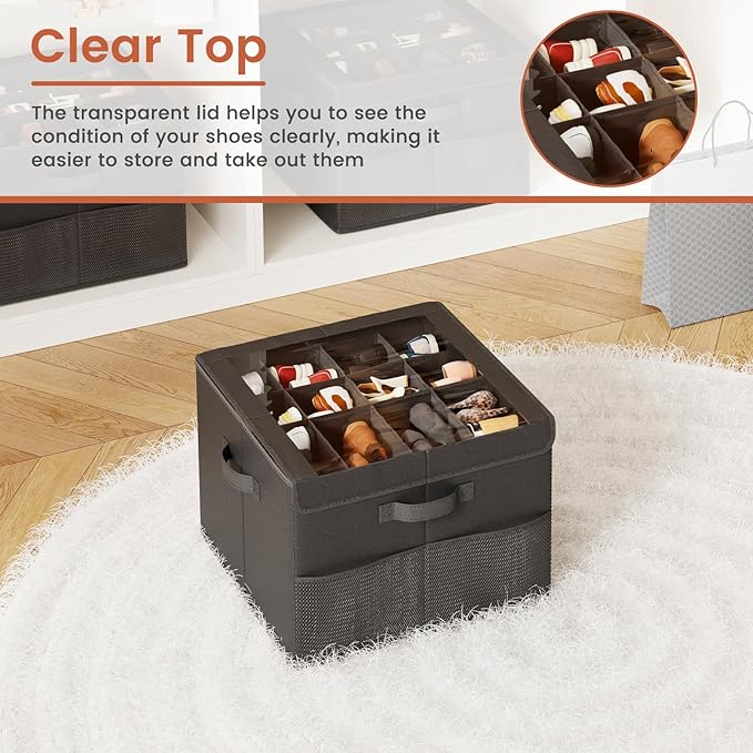 PHINOX Shoe Organizer for Closet, Fits 12-24 Pairs, Shoe Storage Bins with Clear Cover and Reinforced Handles, Foldable Shoe Storage Organizer, Space Saving Shoe Holder for Wardrobe, 2 Pack Black