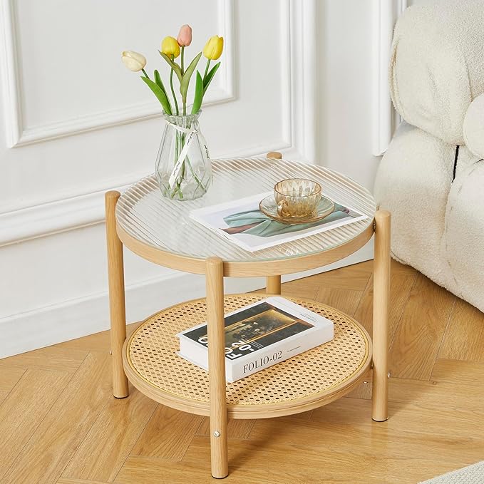 COSVALVE 19.6" Boho Rattan Coffee Table, Round Glass Metal End Table, Modern Simple 2 Tier Side Table for Sofa Bed Side Small Space Living Room Bedroom Office Meeting Room