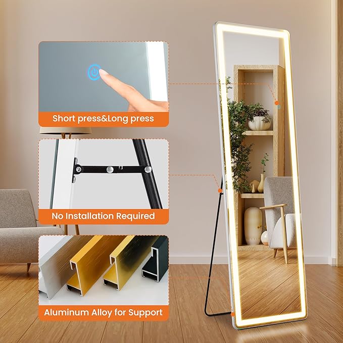 Alpen Full Length Mirror with LED Light, Floor Mirror with Dimming & 3 Color Lighting, 61" x 16" Free Standing Floor Mirrors, Full Body Mirrors for Bedroom, Dressing Room, Cloakroom