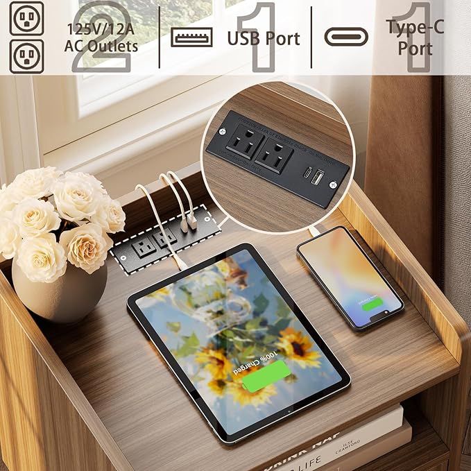 Night Stand Set 2, Nightstands Set of 2 with Charging Station, Rattan Side Tables with Solid Wood Legs, Boho Bedside End Table for Farmhouse Bedroom Dorm Small Space - Brown
