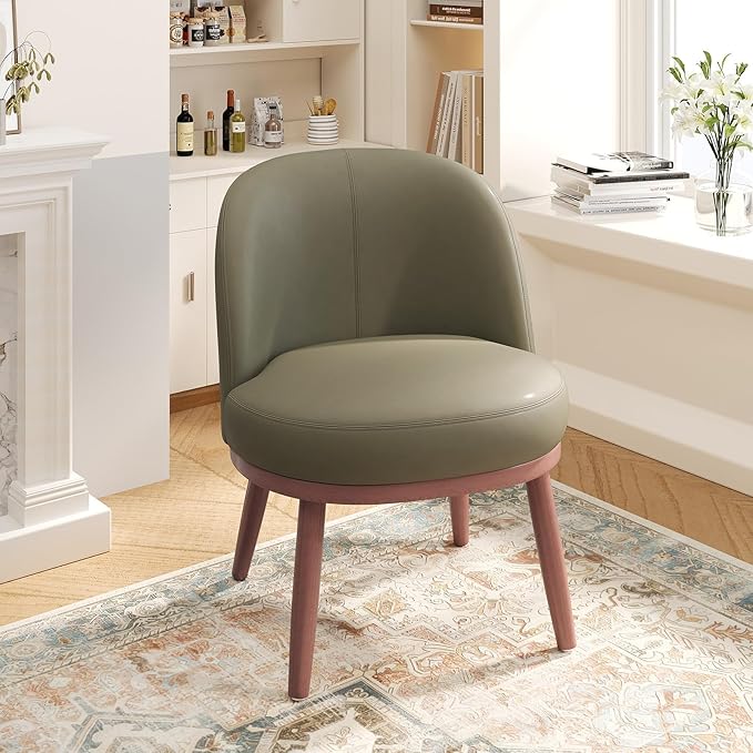 Accent Chair Set of 1, PU Leather Mid-Century Modern Chair for Small Space, Comfy Upholstered Armless Chair, for Living Room, Bedroom, Olive Green