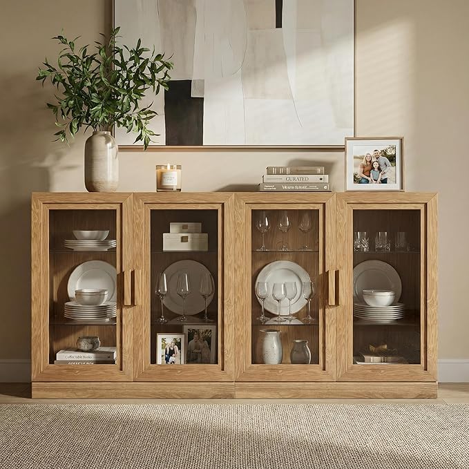 Casaphoria Adam Sideboard Buffet Cabinet with Storage, Display Cabinet with Glass Doors & Adjustable Shelves, 62" W x 31" H Buffet Cabinet for Entryway Kitchen Living Room, Oak