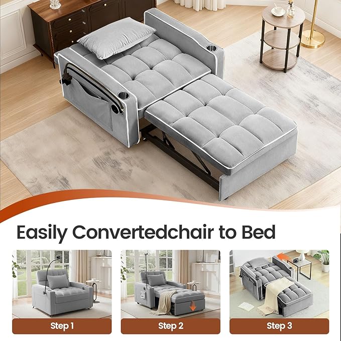 Sleeper Chair, Convertible Pull Out Chair Sleeper with Bracket and Cup Holder, Chairs Bed Sleepers for Adults, 3 in 1 Sofa Bed Chairs for Small Spaces, Living Room, Light Gray