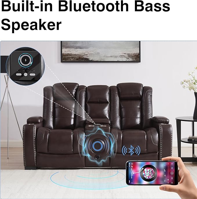 THSUPER Brown Leather Power Recliner Loveseat with Arm Storage and Bluetooth Speaker, Theater Seating Leather Living Room Reclining Loveseat with Cup Holders and Wireless Charging. | Breathable material, LED ambient light, USB and Type-C port, In a box...
