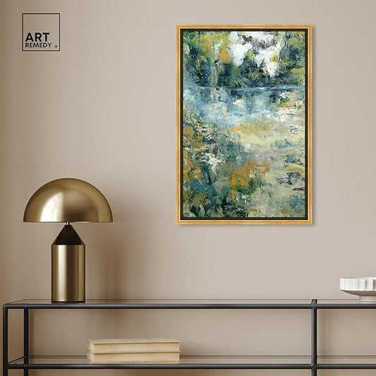 Art Remedy Green Moss Monet Garden Green Abstract Canvas Wall Art, White Floater Frame, 16"x24"