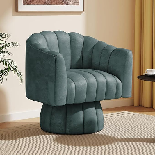 Modern 360 Degree Leather Swivel Cuddle Barrel Accent Sofa Chairs, Round Armchairs with Wide Upholstered, Leather Reading Chair for Living Room, Bedroom, Office, Waiting Rooms, (Navy)