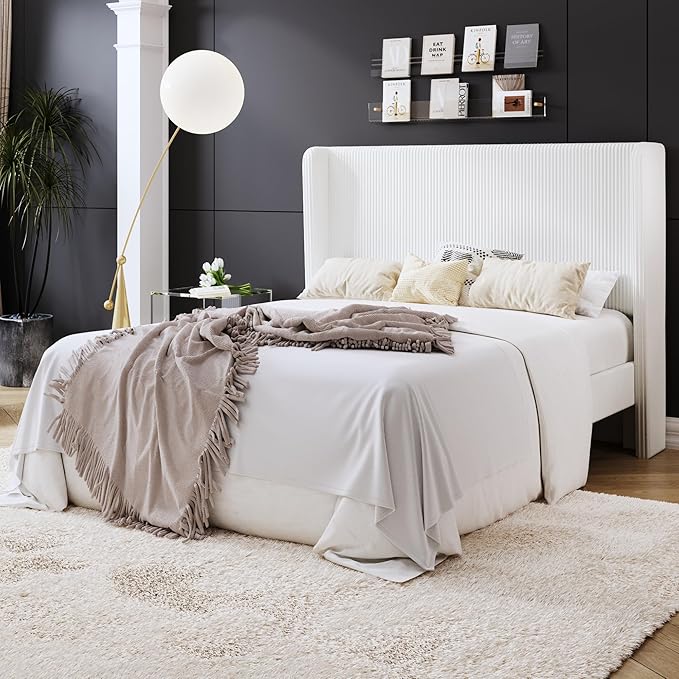 SHA CERLIN Full Size Corduroy Upholstered Platform Bed Frame with Vertical Channel Tufted Wingback Headboard, 8" Under Bed Storage, Wooden Slats & Metal Frame Support, Easy Assembly, White