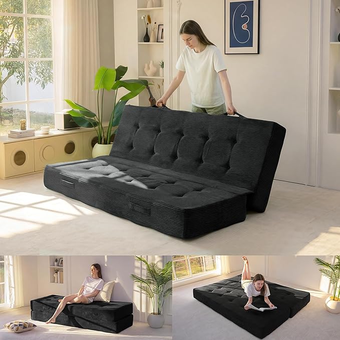 MAXYOYO 8" Foldable Floor Sofa Bed, Tufted Foldable Couch Bed Thick Folding Mattress with Handles, Versatile Folding Sofa Couch for Floor Sleeping, Living Room & Guest Room, Black