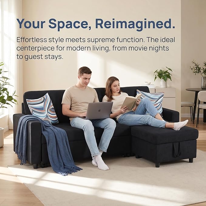 Pull Out Couch, L Shaped Sectional Couch with Pull Out Bed, Convertible Sofa Bed with Storage Chaise, Queen Size Sleeper Sofa, Sofa Bed Couch, Sleeper Sofa with Storage, Black