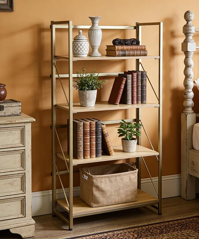 Folding Bookshelf,Multifunctional Foldable Plant Stand Storage Rack Shelves for Home Office, Easy Assembly, 4-Tier,Gold & Nature Wood