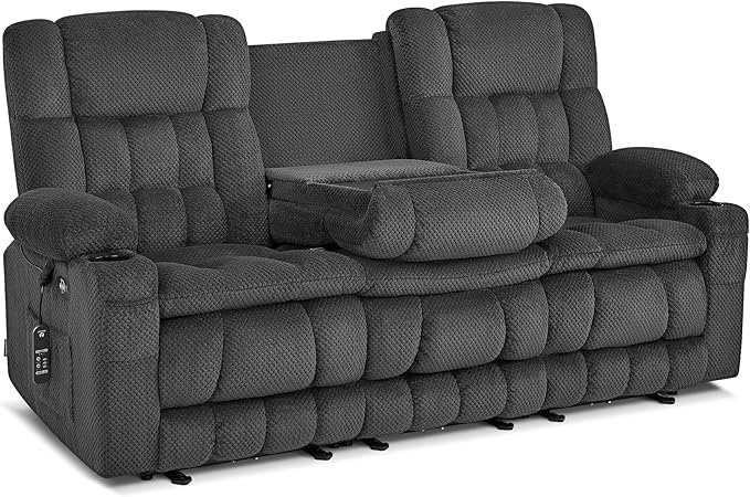 MCombo 80.7" W 3 Seater Power Reclining Sofa with Heat and Vibration Massage, Zero Gravity Recliner Sofa Couch with Drop Down Table for Living Room, Fabric 6316M10