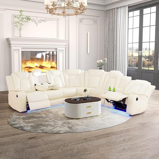 Power Recliner Sectional Sofa with LED, Breathing Leather Sectional Couch for Living Room, Reclining Corner Couch with USB Port&Cup Holder (Cream White)