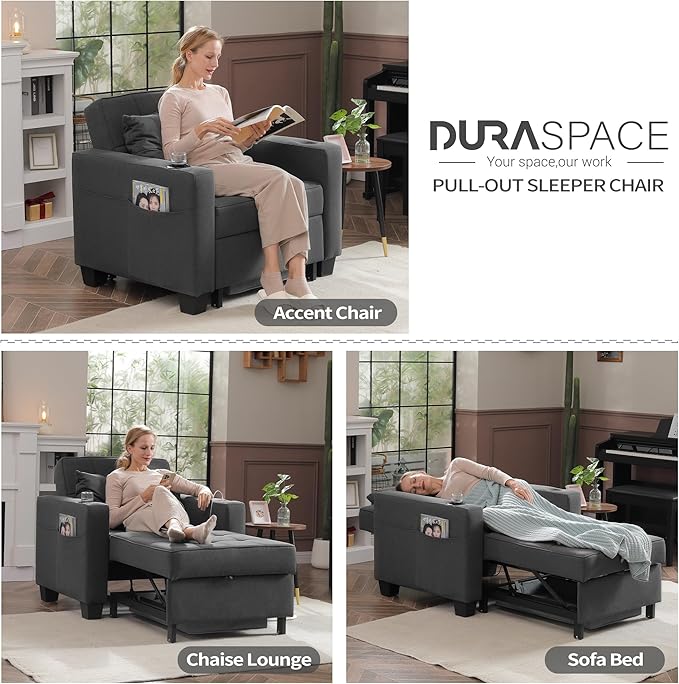 DURASPACE Pull Out Sofa Bed 3-in-1 Convertible Sofa Sleeper Chair Bed with USB, Cup Holder, Adjustable Armchair Beds for Small Spaces, Apartment, Living Room, Office (Dark Gray Linen)