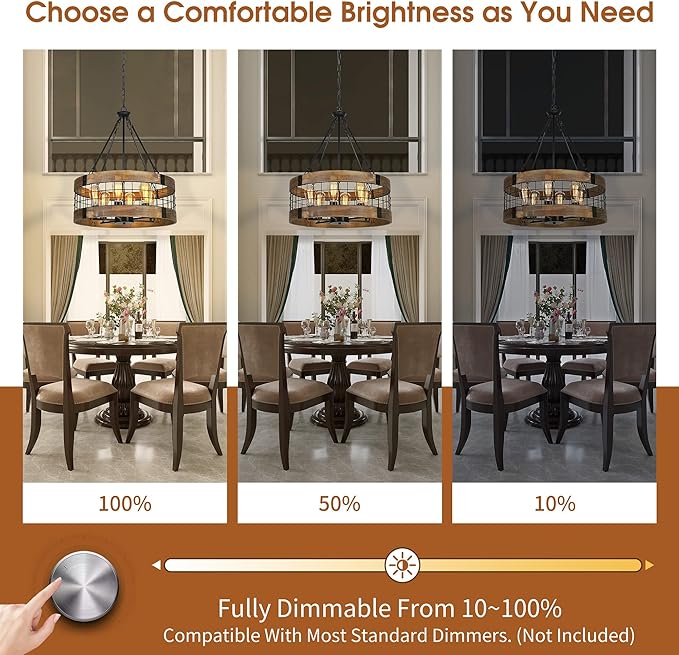 6-Light Farmhouse Chandelier for Entryway, Rustic Dining Room Light Fixtures, Industrial Drum Hanging Lighting for Kitchen Island Foyer, Black Wood and Black Metal Finish