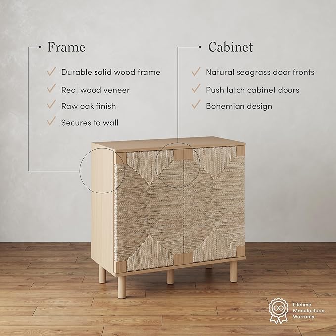 Nathan James Beacon Boho Accent Cabinet with Doors, Free Standing Kitchen Cabinet Storage with Adjustable Interior Shelf and Seagrass Accent, Seagrass/Raw Oak