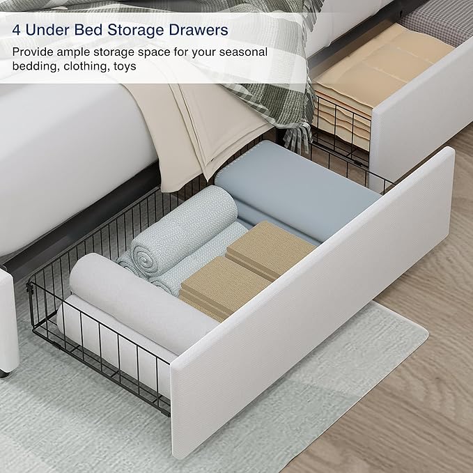 VECELO Full Size Platform Bed Frame with Type-C & USB Charging Stations/4 Storage Drawers, Upholstered Adjustable Headboard, Strong Wooden Slats Support, No Box Spring Needed, Easy Assembly