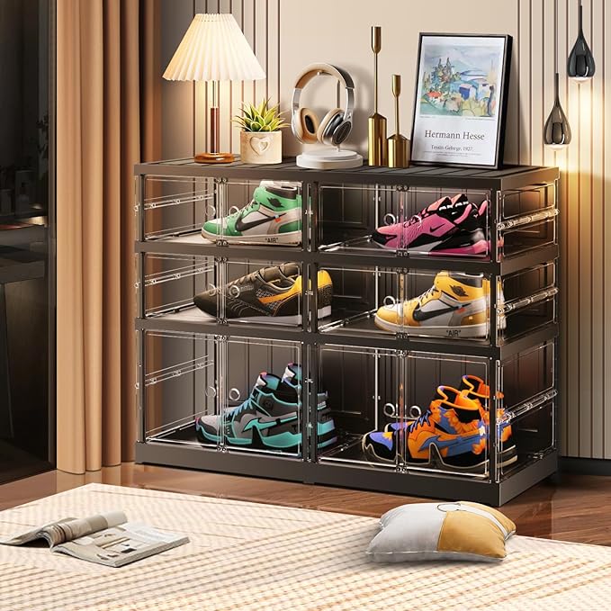 3 Tier Foldable Shoe Rack for Closet Entryway 6-12 Pairs Stackable Clear Shoe Storage Boxes with Lids Shoes Shelf with Door Plastic Organizer Cabinet Easy Assembly Black