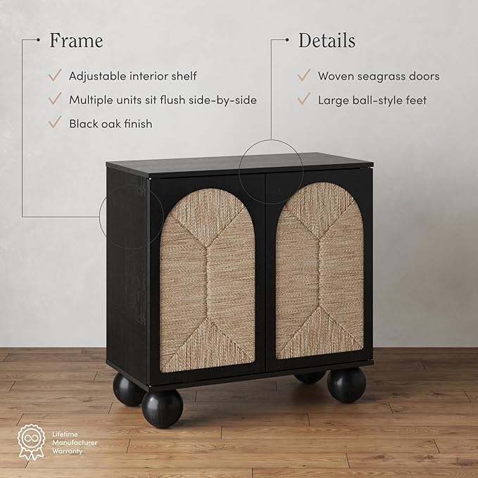 Nathan James Leah Boho TV Stand or Sideboard Cabinet for Kitchen or Living Room with Ball-Style Feet, Natural Seagrass Door Fronts and Solid Wood Legs, Black Set of 3