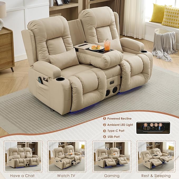 TUNYI Wall Hugger Loveseat Recliner Sofa with Console, Power Reclining Loveseat RV Couch with Massage & Heat/USB/Outlet/Storage/LED Light/Speaker (Beige)