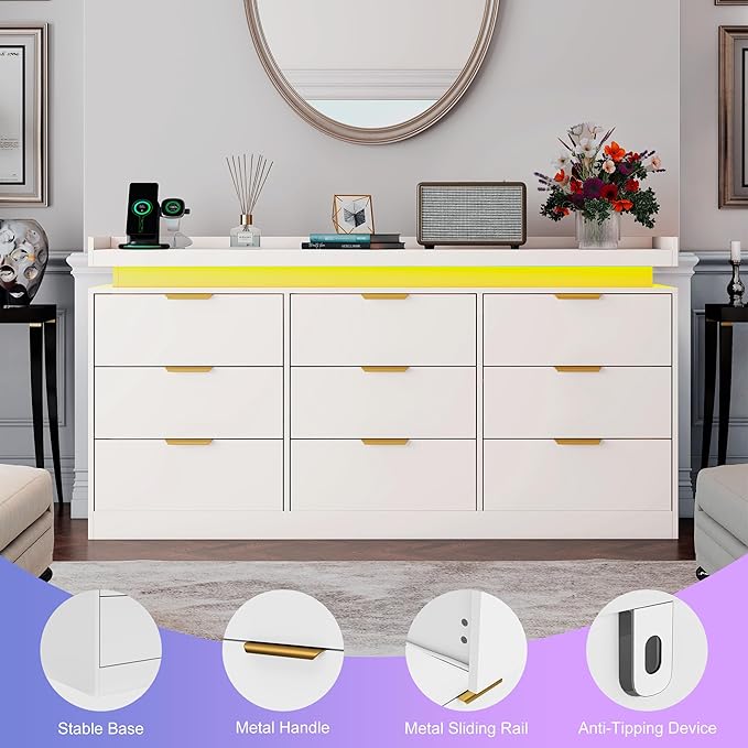 9 Drawer Dressers for Bedroom, White Dresser with LED Light and Power Outlet, Modern Large Dresser & Chests of Drawers, Wood Triple Wide Dressers for Bedroom, Entryway, Hallway