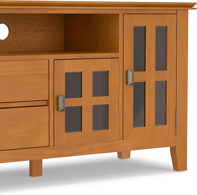 SIMPLIHOME Artisan TV Stand - 72 inch Wide Solid Wood Media Console in Honey Brown, Contemporary Entertainment Center for Living Room for TVs up to 80 Inches with Glass Cabinets and Cable Management