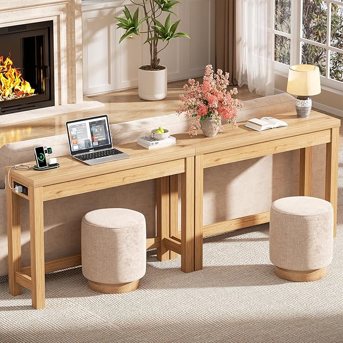 Cyclysio 47" Console Tables for Entryway, Narrow Console Tables for Living Room, Behind Couch Table, Sturdy Wood Support Hallway Table with 3AC+2USB Charging‌ Station, Natural Oak