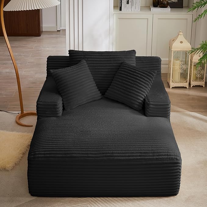49.2" Full Foam Oversized Chaise Lounge Chair Cozy Cloud Couch, Modern Plush Corduroy Upholstered Sleeper Sofa Daybed with 3 Throw Pillows and Wide Armrest for Living Room, No Assembly Required