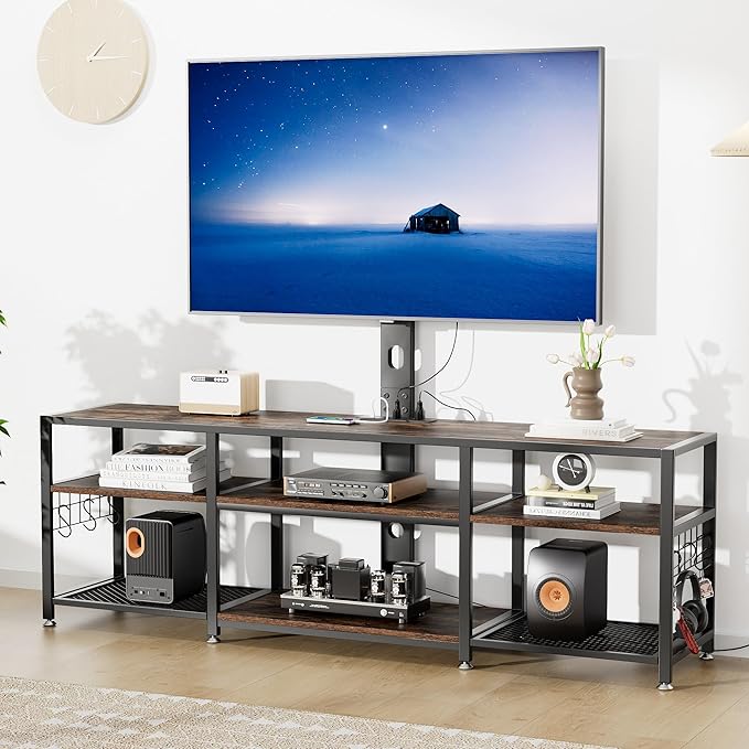 VECELO TV Stand with Mount and Power Outlet, Height Adjustable Entertainment Center with Storage Shelves for 32/55/65/70/75 inches Televisions, Console Table for Living Room, Bedroom, Rustic Brown